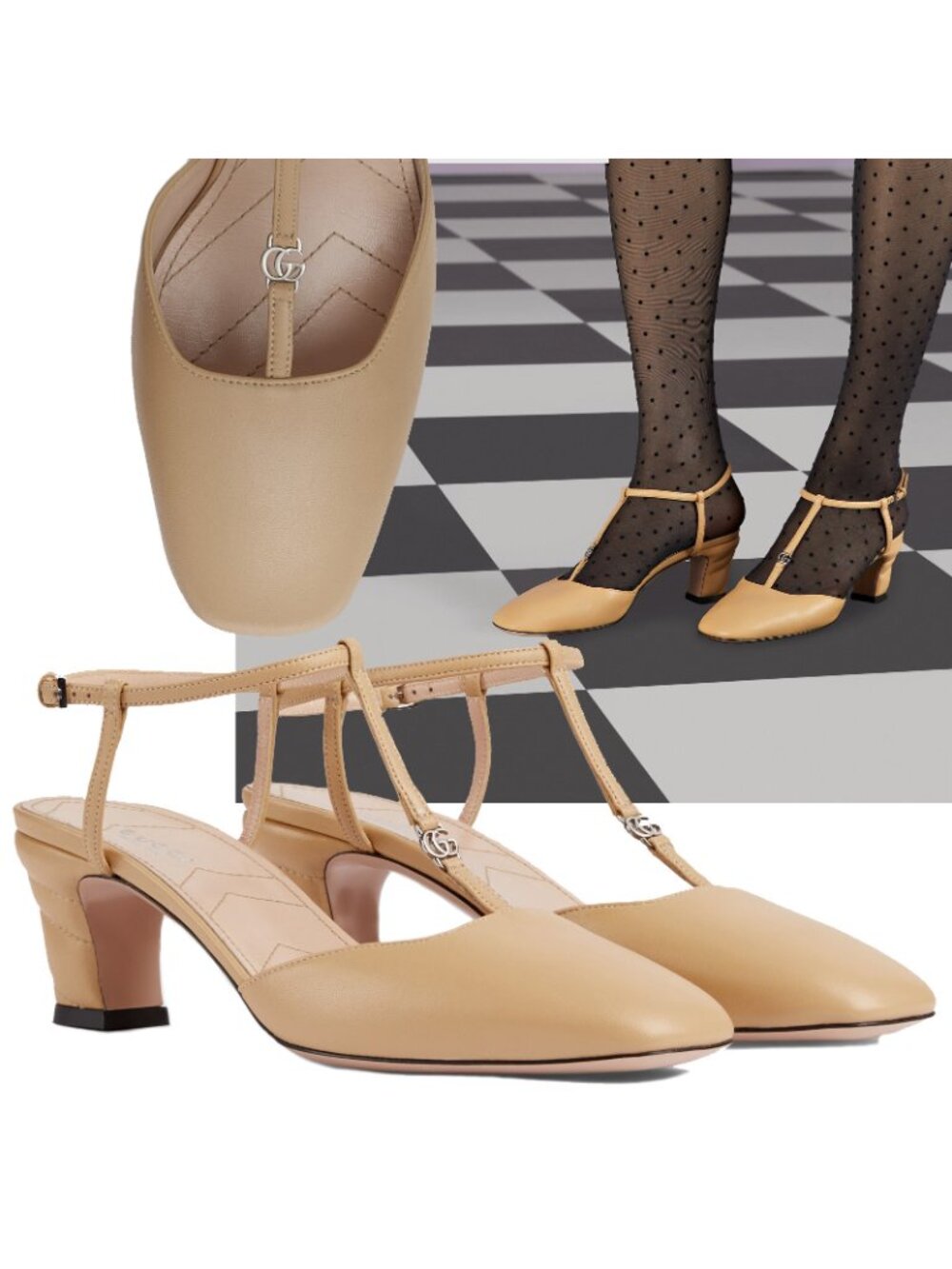GUCCI SHOES T-STRAP LEATHER DOUBLE G LOGO SLINGBACK PUMPS